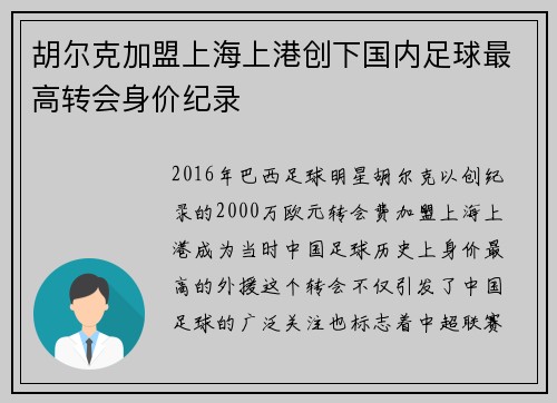 胡尔克加盟上海上港创下国内足球最高转会身价纪录